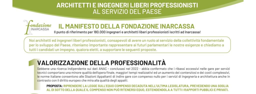 IL MANIFESTO DELLA FONDAZIONE INARCASSA: Architetti e Ingegneri liberi professionisti al servizio del Paese.