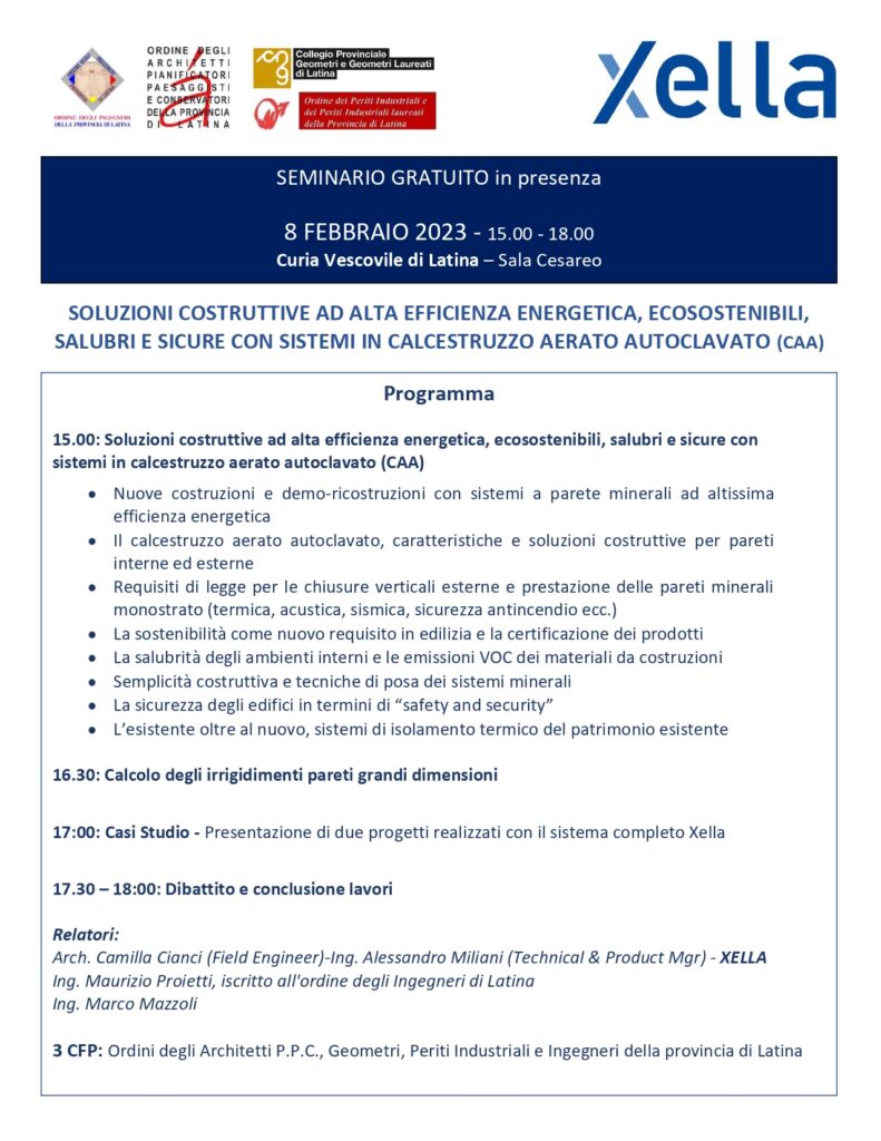 CREDITI FORMATIVI – SEMINARIO: “SOLUZIONI COSTRUTTIVE AD ALTA EFFICIENZA ENERGETICA, ECOSOSTENIBILI, SALUBRI E SICURE CON SISTEMI IN CALCESTRUZZO AERATO AUTOCLAVATO (CAA)”