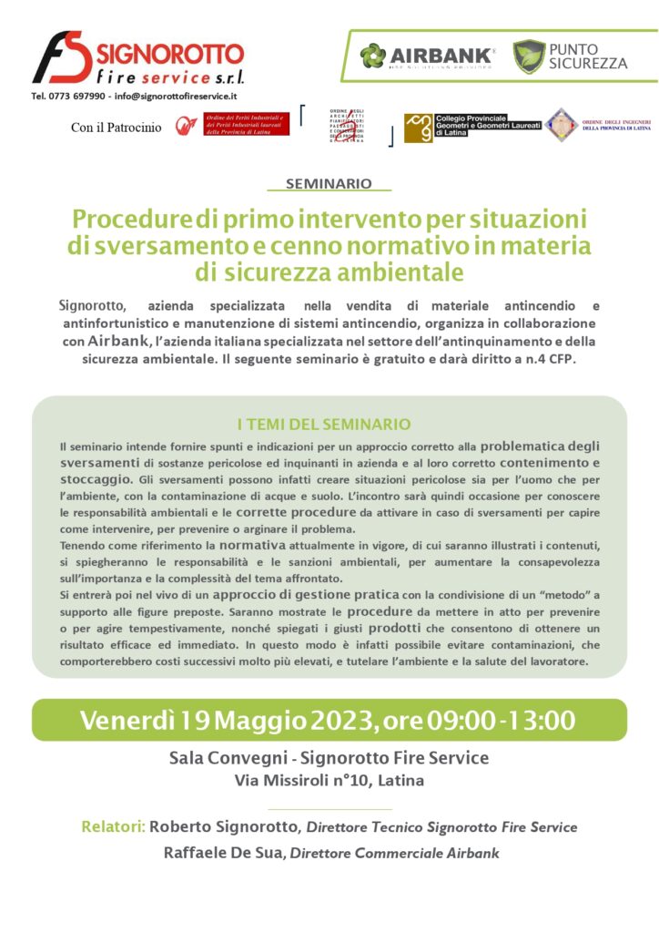 CREDITI FORMATIVI: “Procedure di primo intervento per situazioni di sversamento e cenno normativo in materia  di sicurezza ambientale”